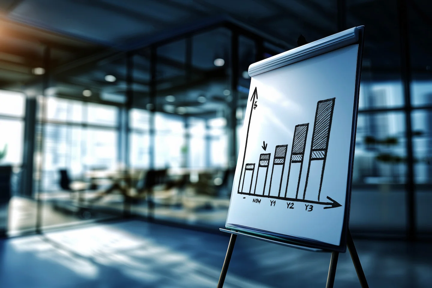 Sales growth & business development chart drawn on the paper flipchart in the modern business office