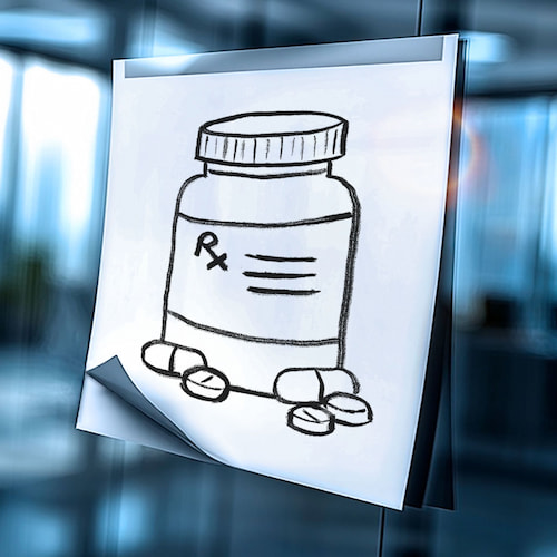 Post-it paper showing hand drawn medicines' bottle symbol of advisory services