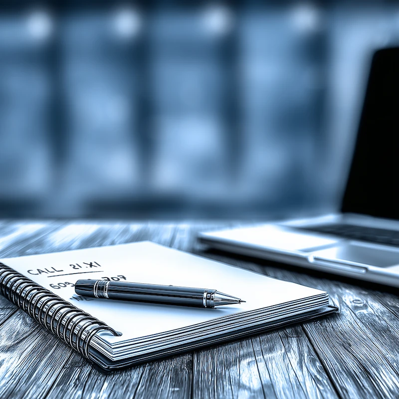 Laptop and notebook on wooden desk with pencil